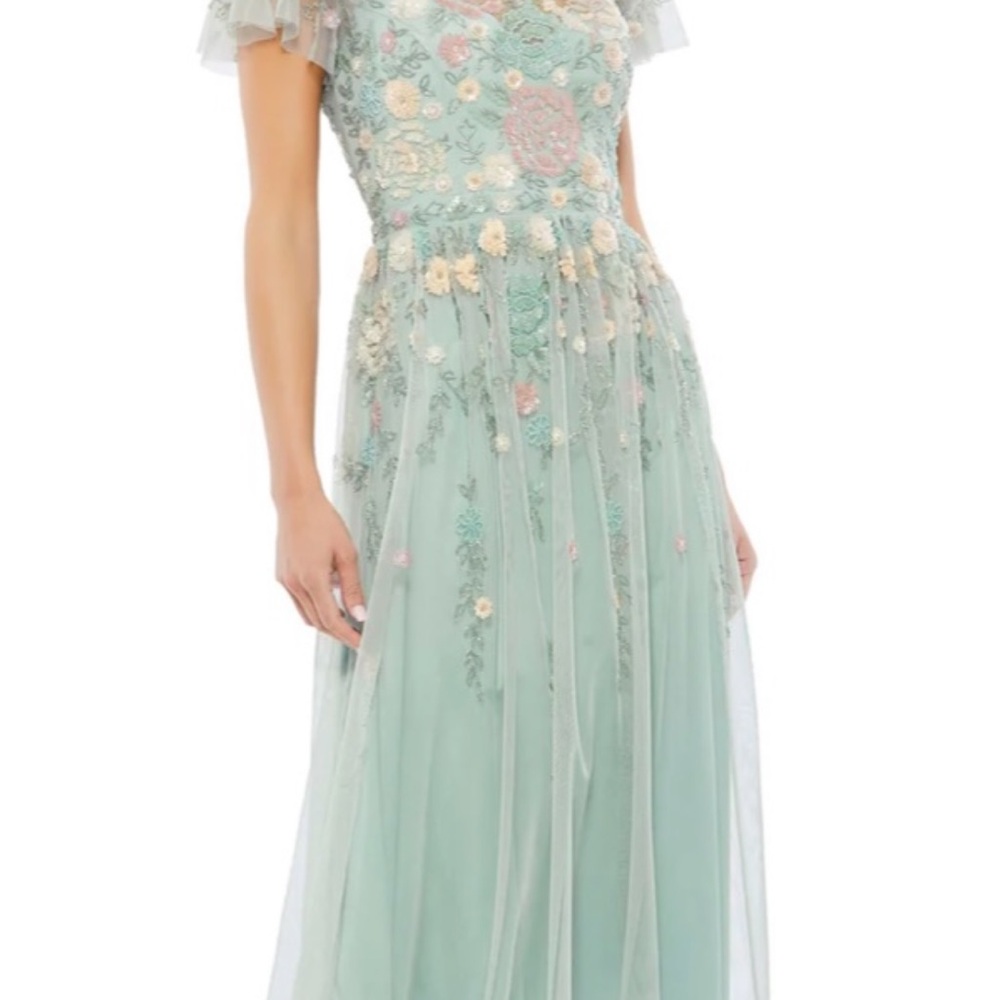 Floral Embellished Illusion High Neck Butterfly Sleeve Midi Dress 9134